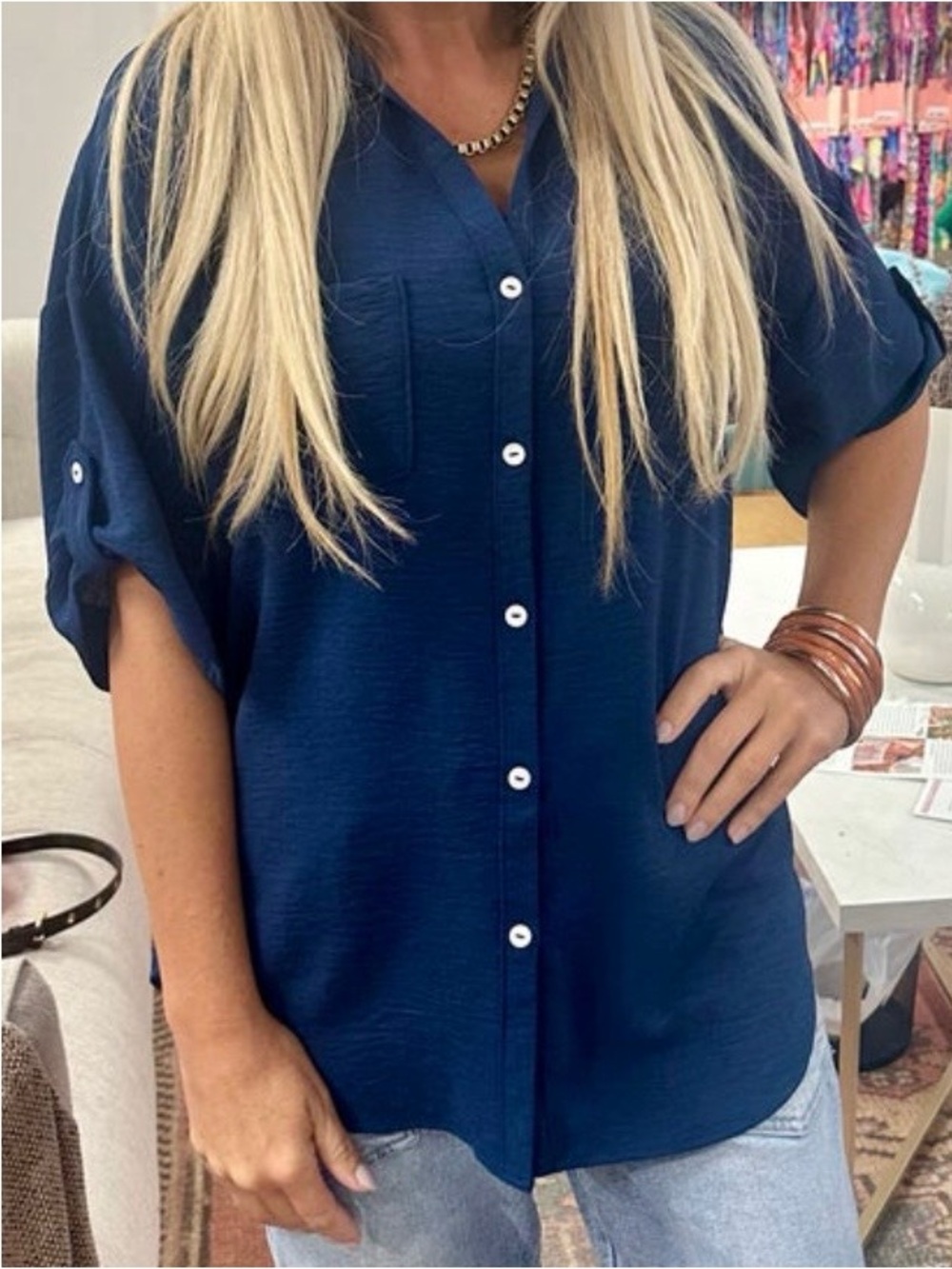 ANDREE BY UNIT Navy Button-Front Women's Blouse
